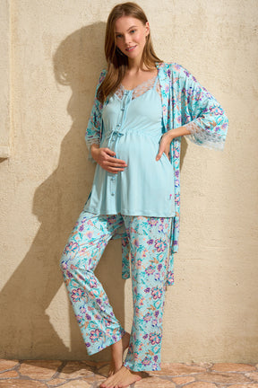 Desenli Sabahlıklı Dantel İşlemeli Önden Düğmeli Lohusa Pijama Takımı Mavi - 5775