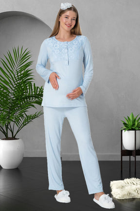 Lez Çiçek Dantel Sabahlıklı Lohusa Pijama Takımı Mavi - 5912
