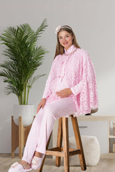 Lez Çiçek Dantel Sabahlıklı Lohusa Pijama Takımı Pembe - 5912
