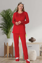 Dantelli Lohusa Pijama Takımı Kırmızı - 5914