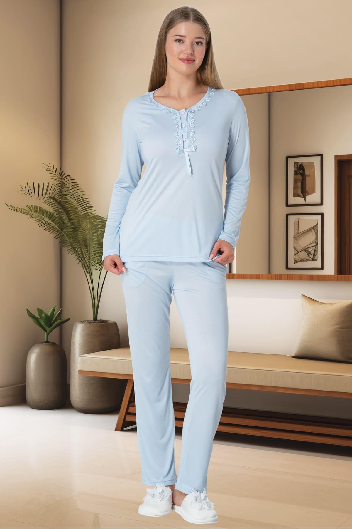 Dantelli Yaka Büyük Beden Lohusa Pijama Takımı Mavi - 5919