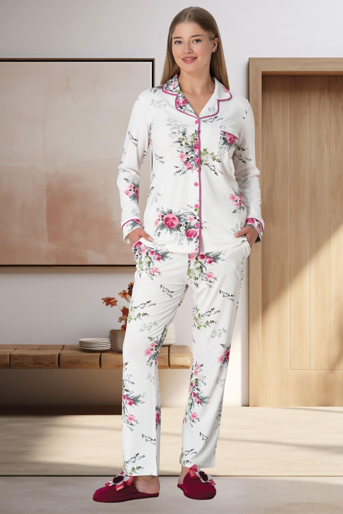 Çiçek Desen Önden Düğmeli Lohusa Pijama Takımı Fuşya - 5927
