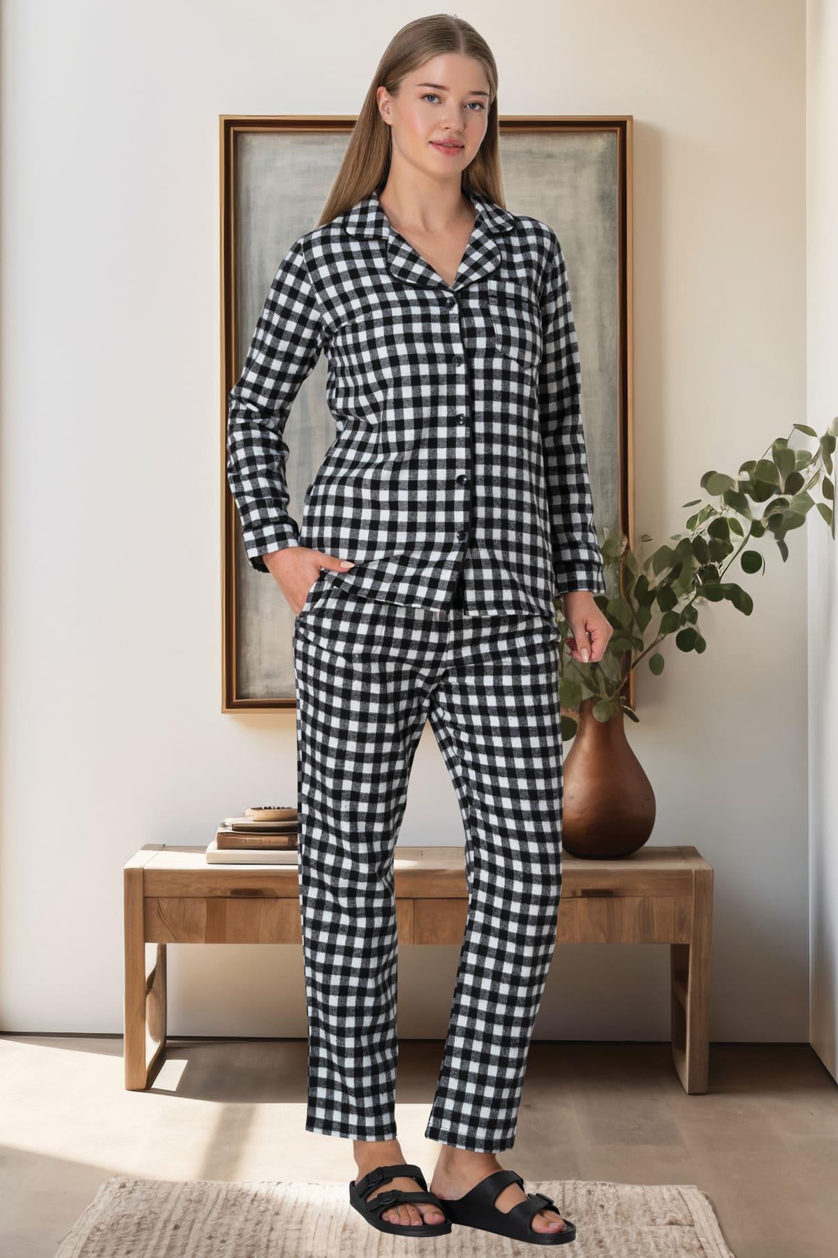 Ekose Desen Önden Düğmeli Lohusa Pijama Takımı Beyaz - 5928