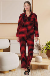 Ekose Desen Önden Düğmeli Lohusa Pijama Takımı Kırmızı - 5928