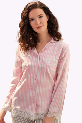 Dantelli Önden Düğmeli Lohusa Pijama Takımı Pembe - 9728 - Lohusa Sepeti