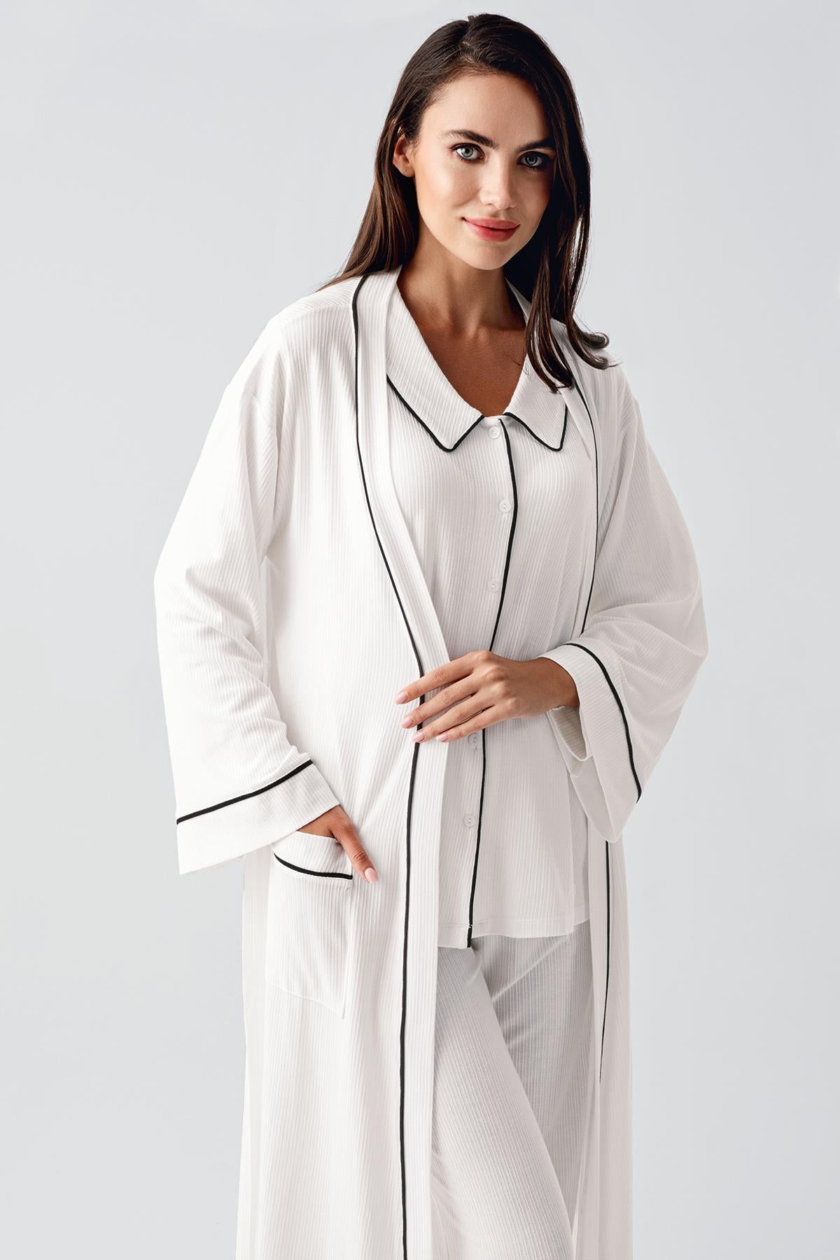 Bebe Yaka Düğmeli Uzun Kollu Sabahlıklı Hamile Lohusa Pijama Takım 23111