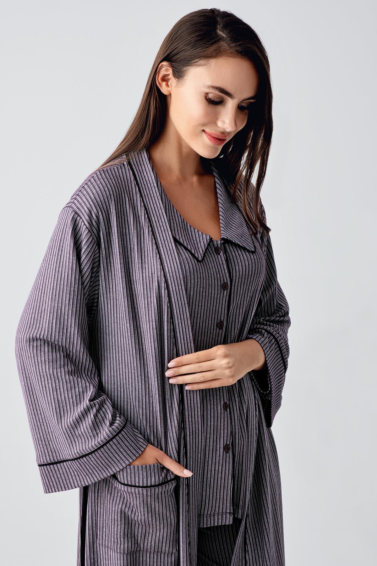 Bebe Yaka Düğmeli Uzun Kollu Sabahlıklı Hamile Lohusa Pijama Takım 23111