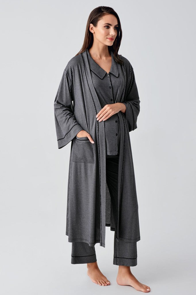 Bebe Yaka Düğmeli Uzun Kollu Sabahlıklı Hamile Lohusa Pijama Takım 23111