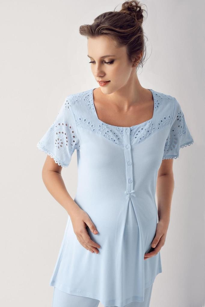Dantelli Düğmeli Kısa Kollu Esnek Kumaşlı Lohusa Pijama 12305