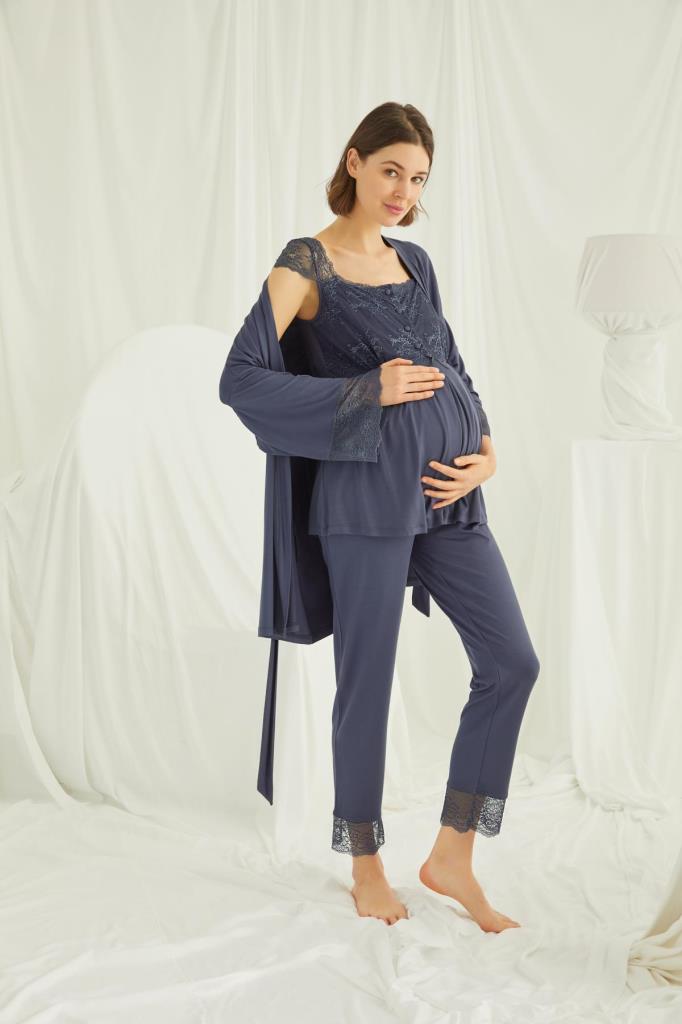 Dantelli Önü Düğmeli Hamile Lohusa 3'lü Pijama Takımı 18211