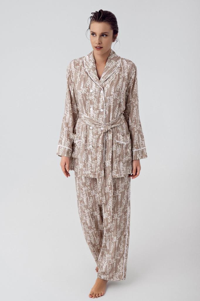 Desenli Düğmeli Uzun Kollu Kimono Esnek Viskoz Lohusa Pijama Takımı 16205
