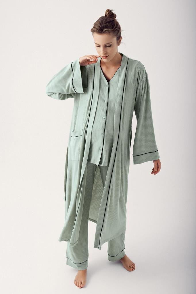 Düğmeli Kısa Kollu Esnek Viskoz Hamile Sabahlık Pijama Takımı 14306