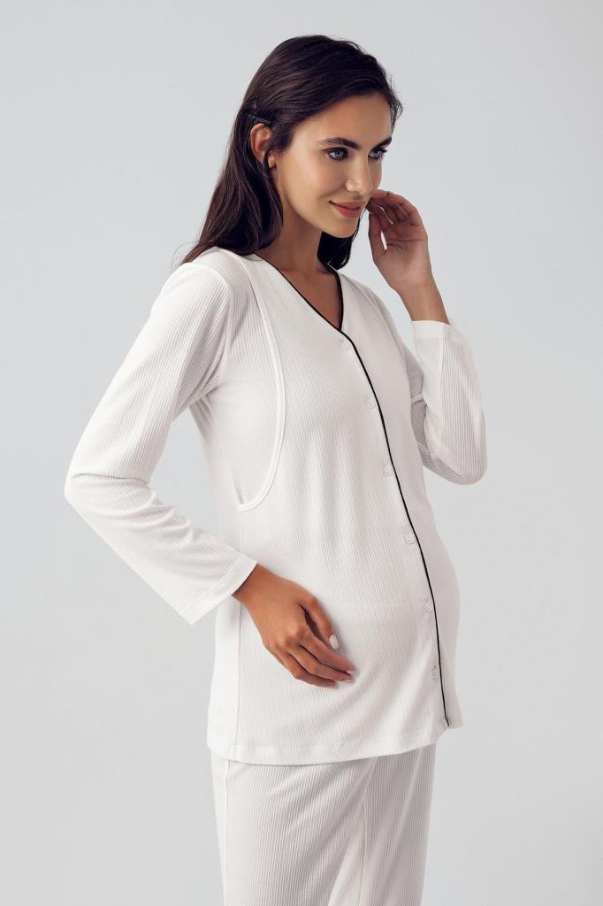 Çift Emzirme Özellikli Lohusa Pijama Takımı Pudra - 15207