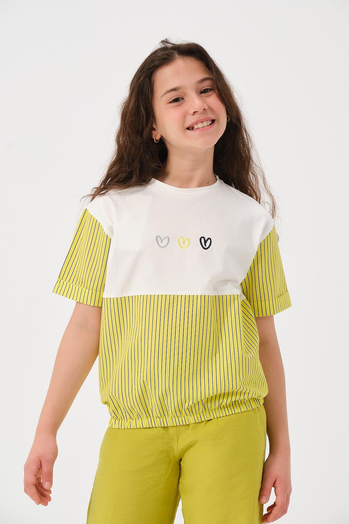 Genç Kız Çocuk Kalp Nakışlı Garnili T-shirt-0