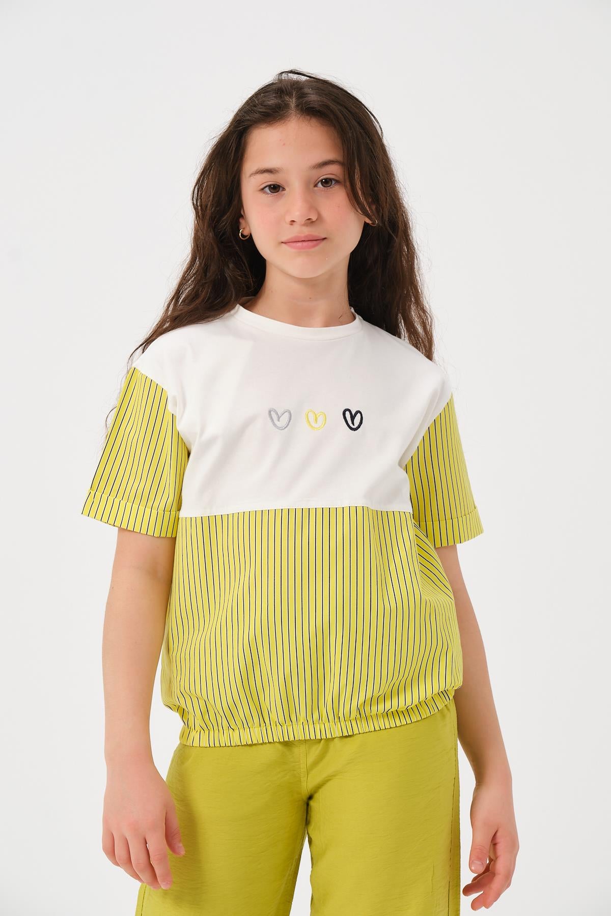 Genç Kız Çocuk Kalp Nakışlı Garnili T-shirt-1