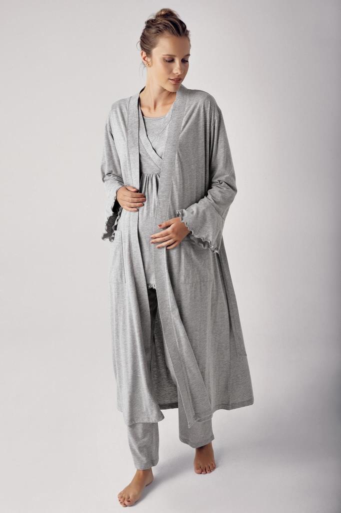 Melanj Sabahlıklı Kruvaze Lohusa Pijama Takımı Kahve - 13300