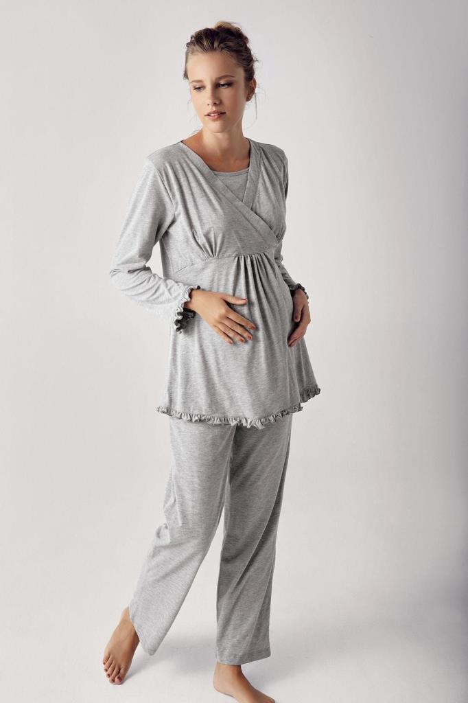 Kadın Uzun Kollu Esnek Pamuklu Kumaş Hamile Pijama Takımı 13201