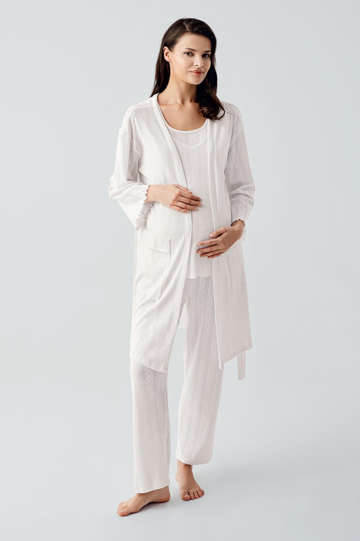 Kalın Askılı Ajurlu Esnek Pamuklu Hamile Sabahlık Pijama Takım