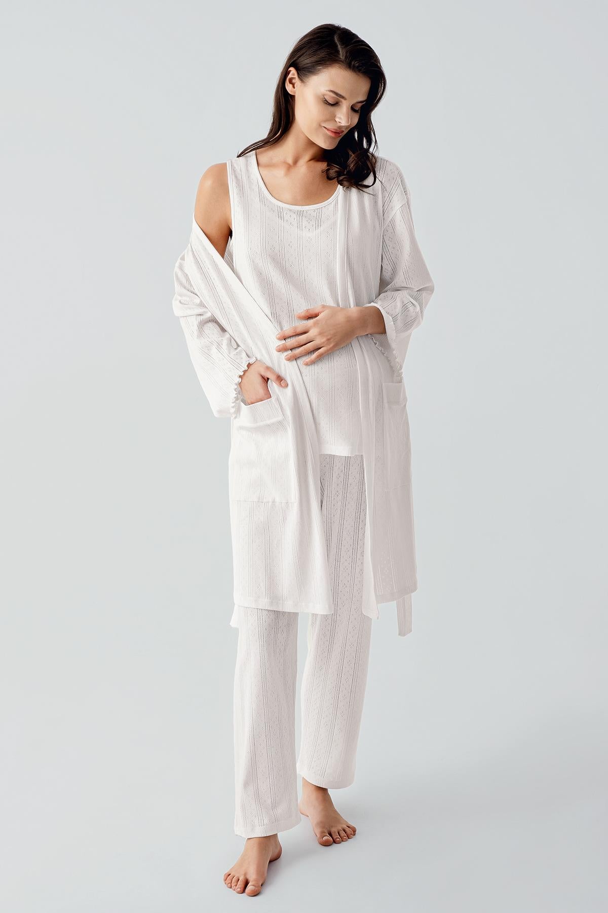 Kalın Askılı Ajurlu Esnek Pamuklu Hamile Sabahlık Pijama Takım
