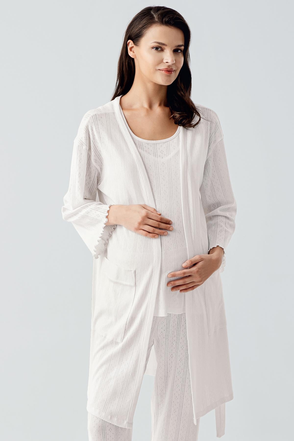 Kalın Askılı Ajurlu Esnek Pamuklu Hamile Sabahlık Pijama Takım