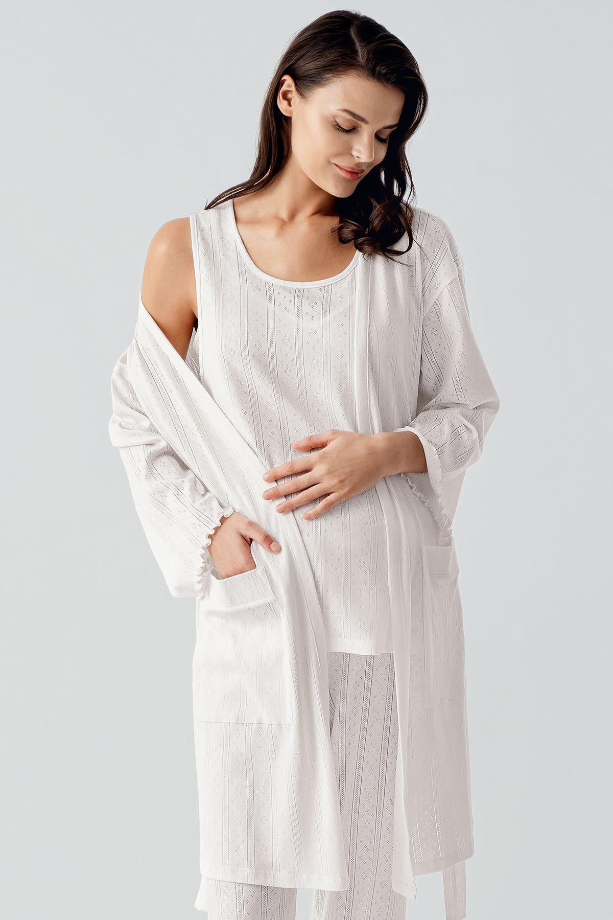 Kalın Askılı Ajurlu Esnek Pamuklu Hamile Sabahlık Pijama Takım