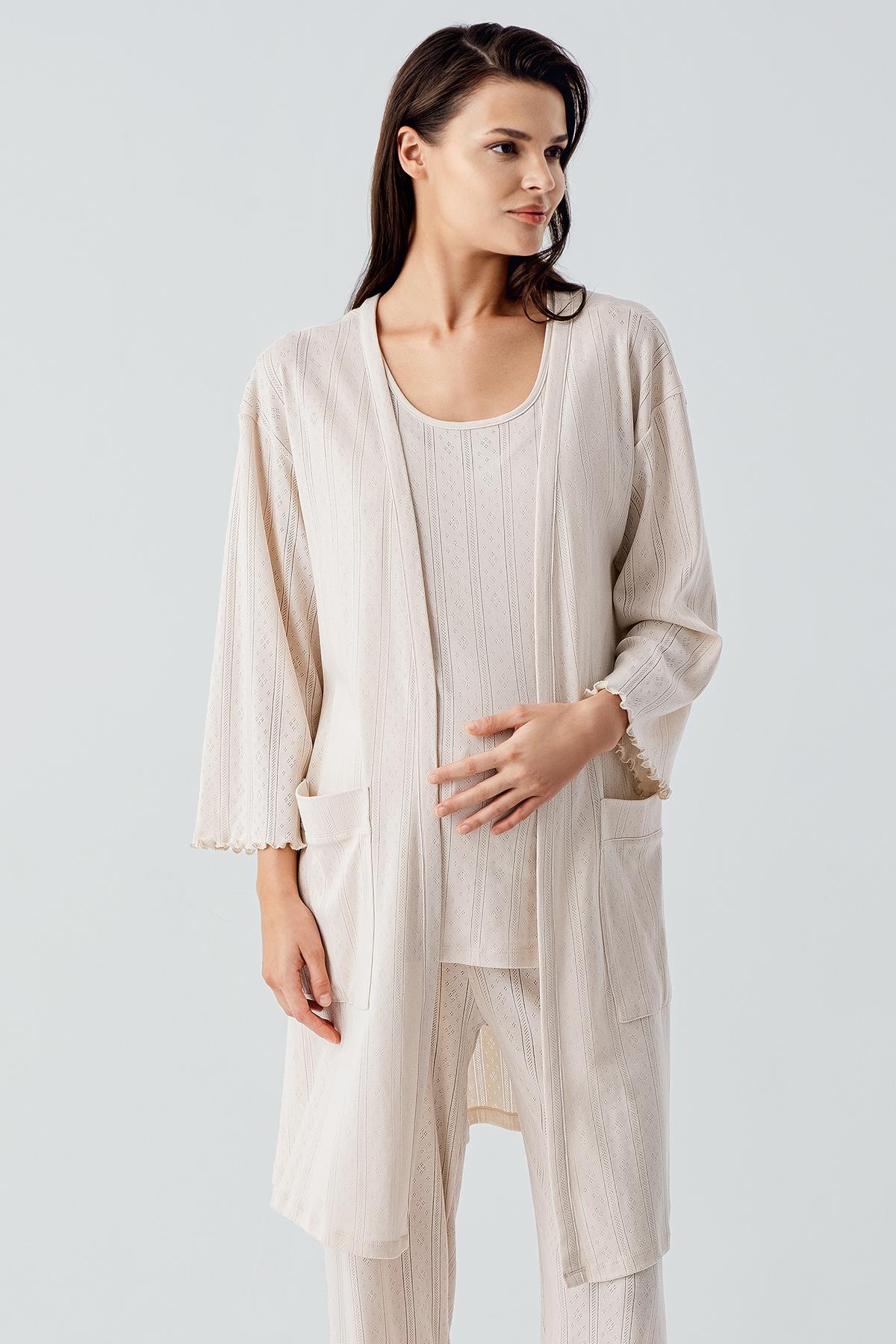 Kalın Askılı Ajurlu Esnek Pamuklu Hamile Sabahlık Pijama Takım