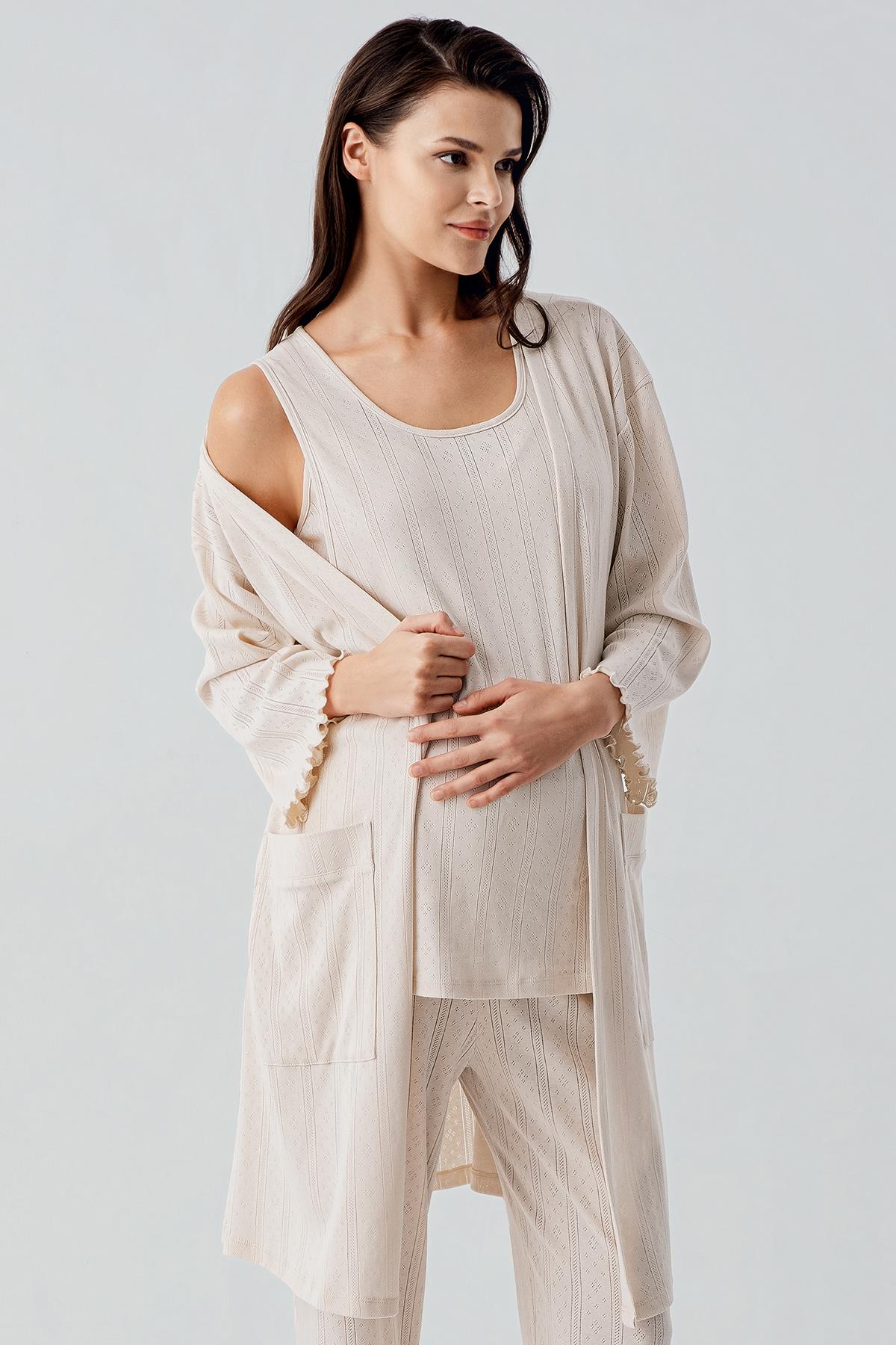 Kalın Askılı Ajurlu Esnek Pamuklu Hamile Sabahlık Pijama Takım
