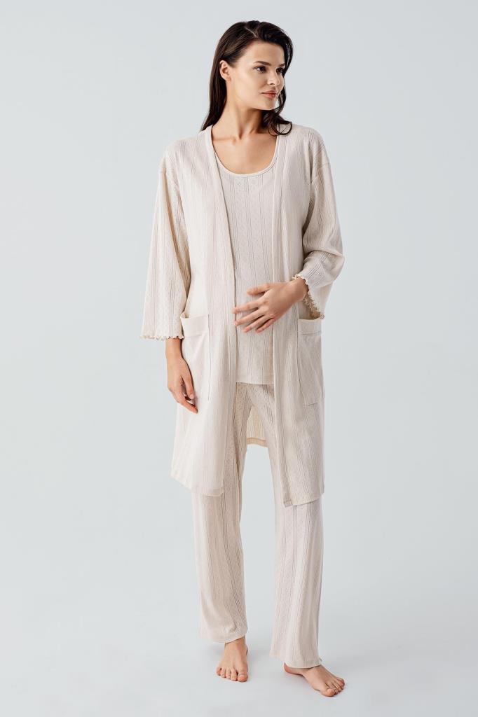 Kalın Askılı Ajurlu Esnek Pamuklu Hamile Sabahlık Pijama Takım