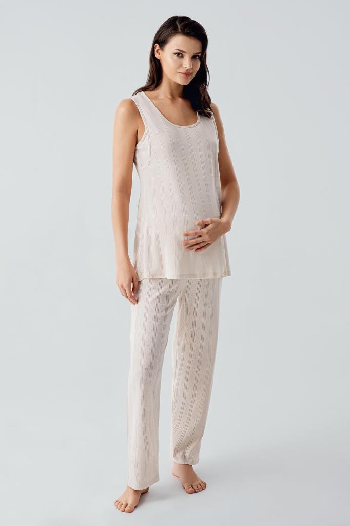 Kalın Askılı Ajurlu Esnek Pamuklu Hamile Sabahlık Pijama Takım