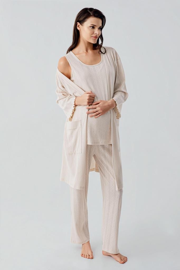 Kalın Askılı Ajurlu Esnek Pamuklu Hamile Sabahlık Pijama Takım