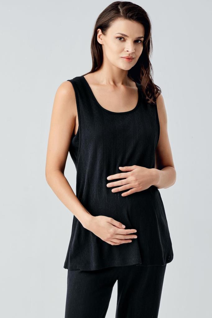 Kalın Askılı Ajurlu Esnek Pamuklu Hamile Sabahlık Pijama Takım