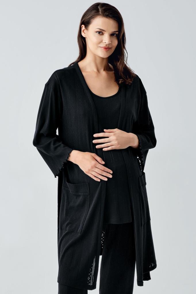 Kalın Askılı Ajurlu Esnek Pamuklu Hamile Sabahlık Pijama Takım