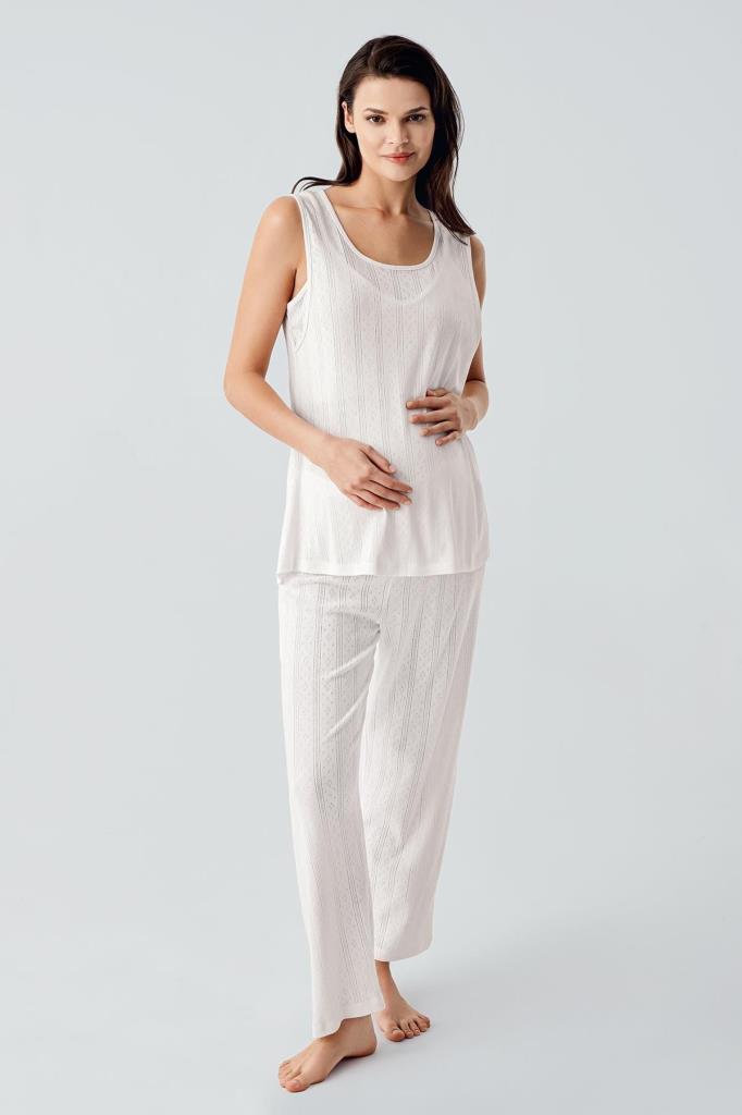 Kalın Askılı Ajurlu Esnek Pamuklu Hamile Sabahlık Pijama Takım