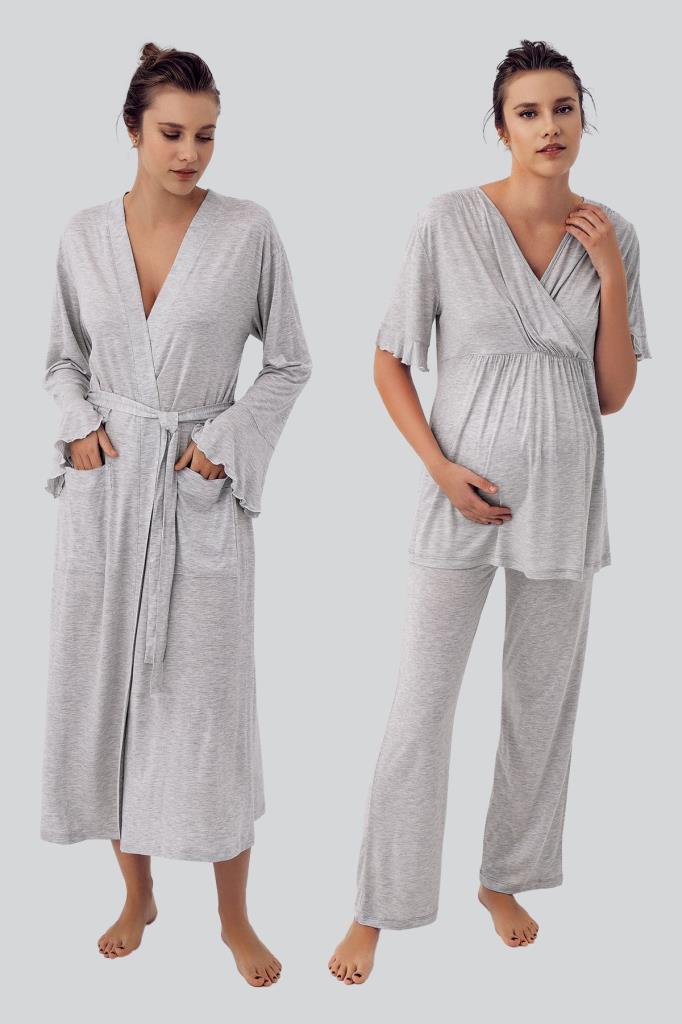 Kısa Kollu Esnek Likralı Viskoz Lohusa Hamile Sabahlık Pijama Takımı 16309