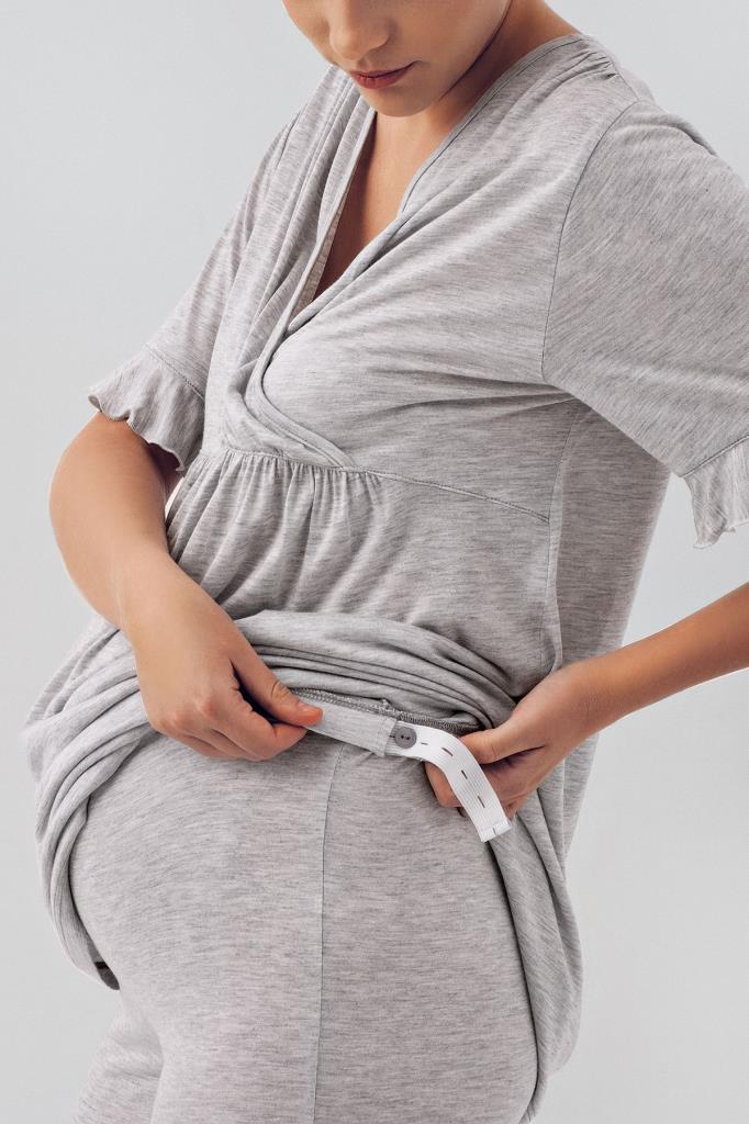 Kısa Kollu Esnek Likralı Viskoz Lohusa Hamile Sabahlık Pijama Takımı 16309