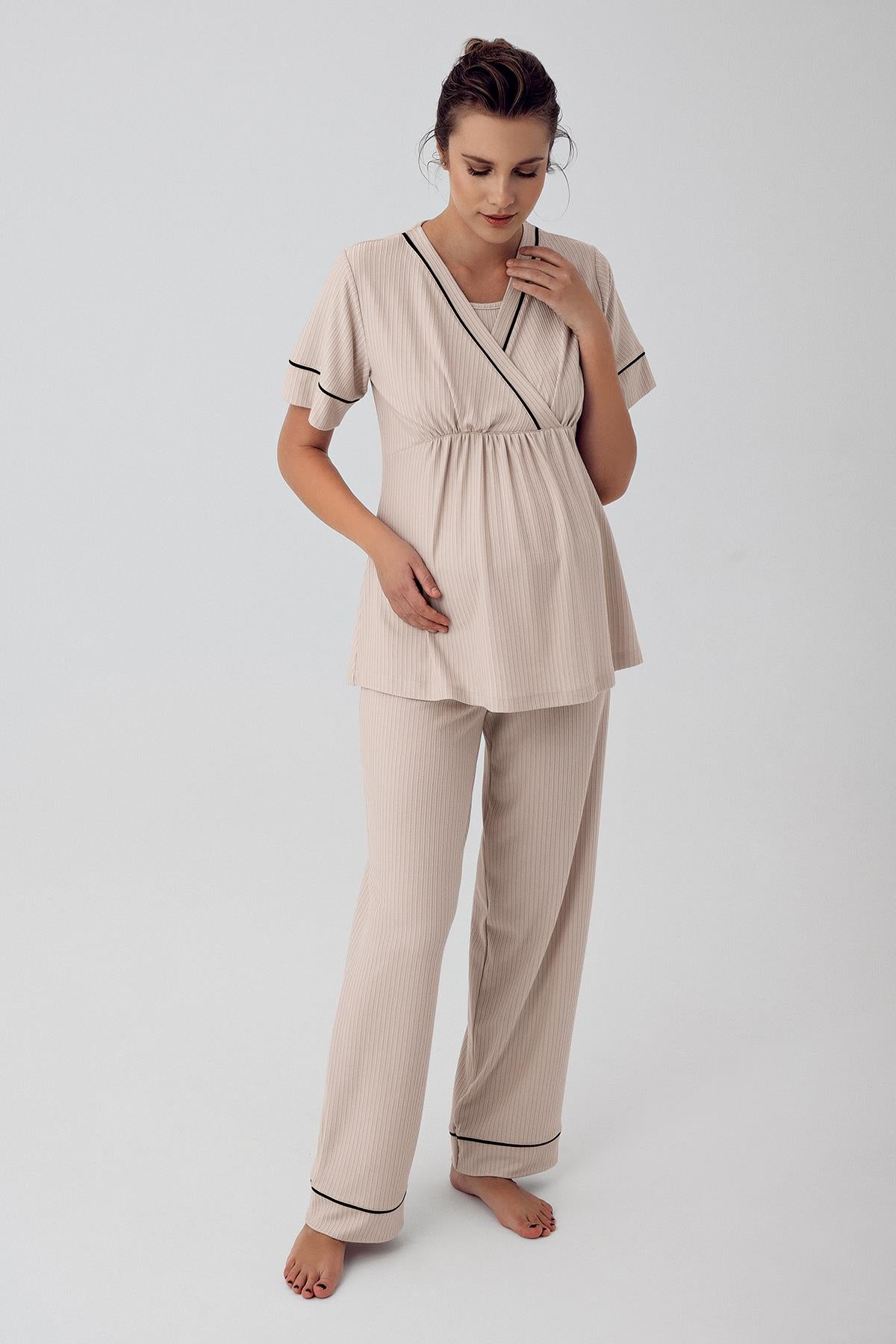 Kısa Kollu Esnek Viskoz Lohusa Hamile Pijama Takımı 16202