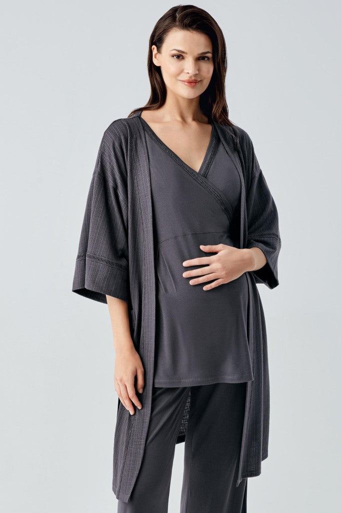 Kısa Kollu Esnek Viskoz Sabahlıklı Lohusa Hamile  Pijama Takım 10302