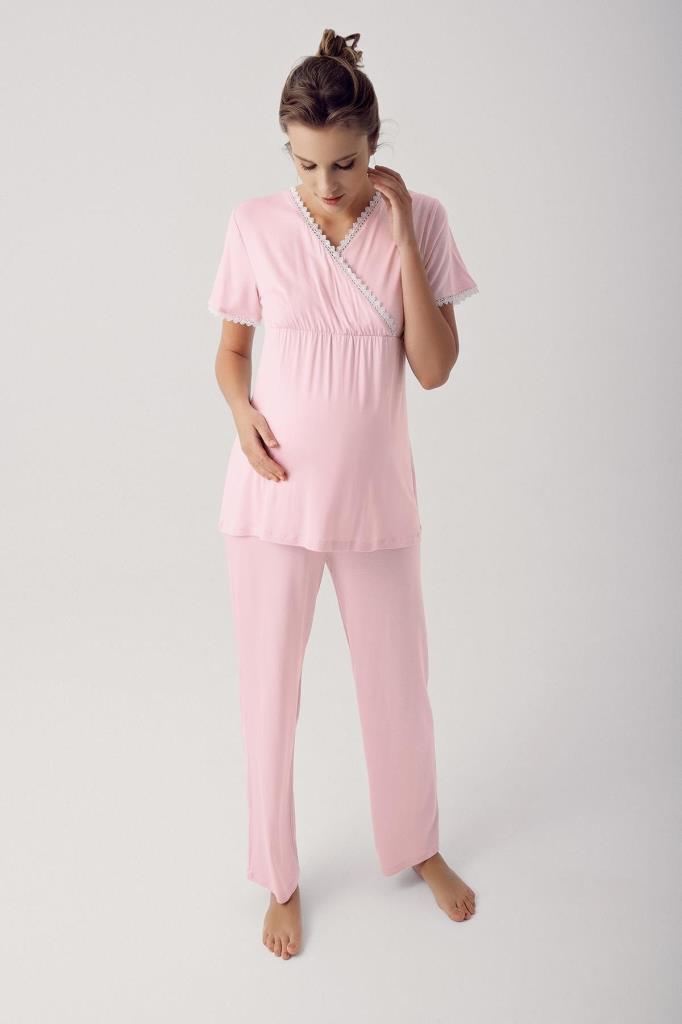 Kısa Kollu Likralı Viskoz Hamile Lohusa Pijama Takımı 14202