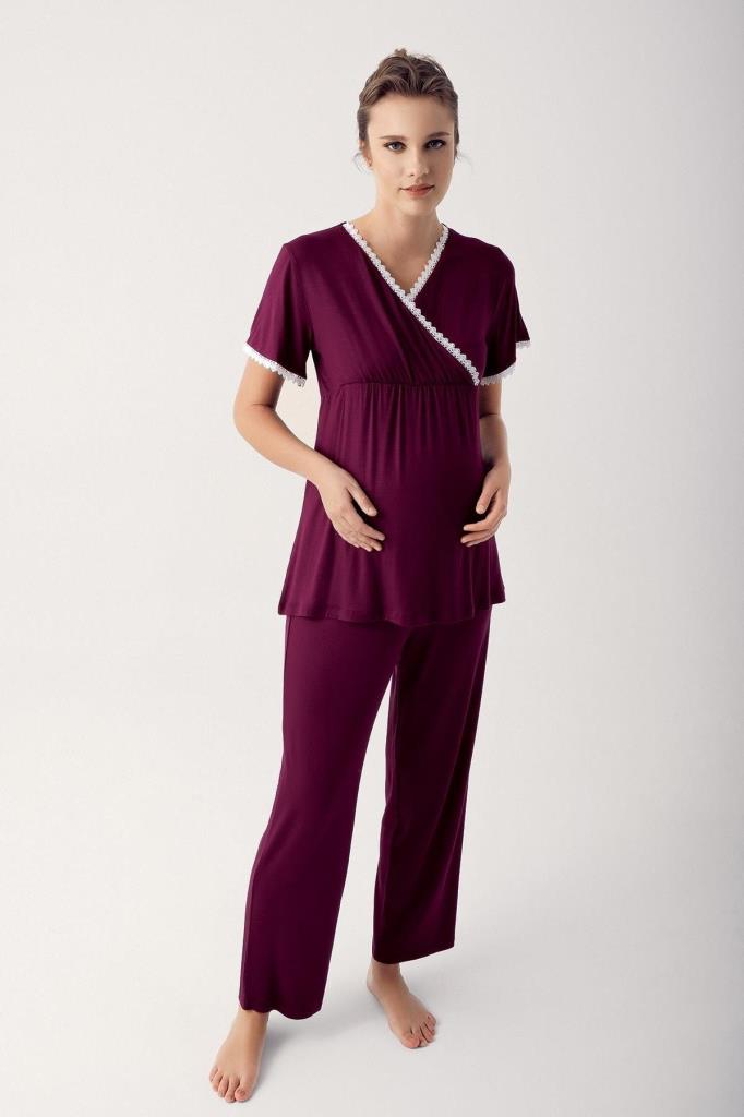 Kısa Kollu Likralı Viskoz Hamile Lohusa Pijama Takımı 14202