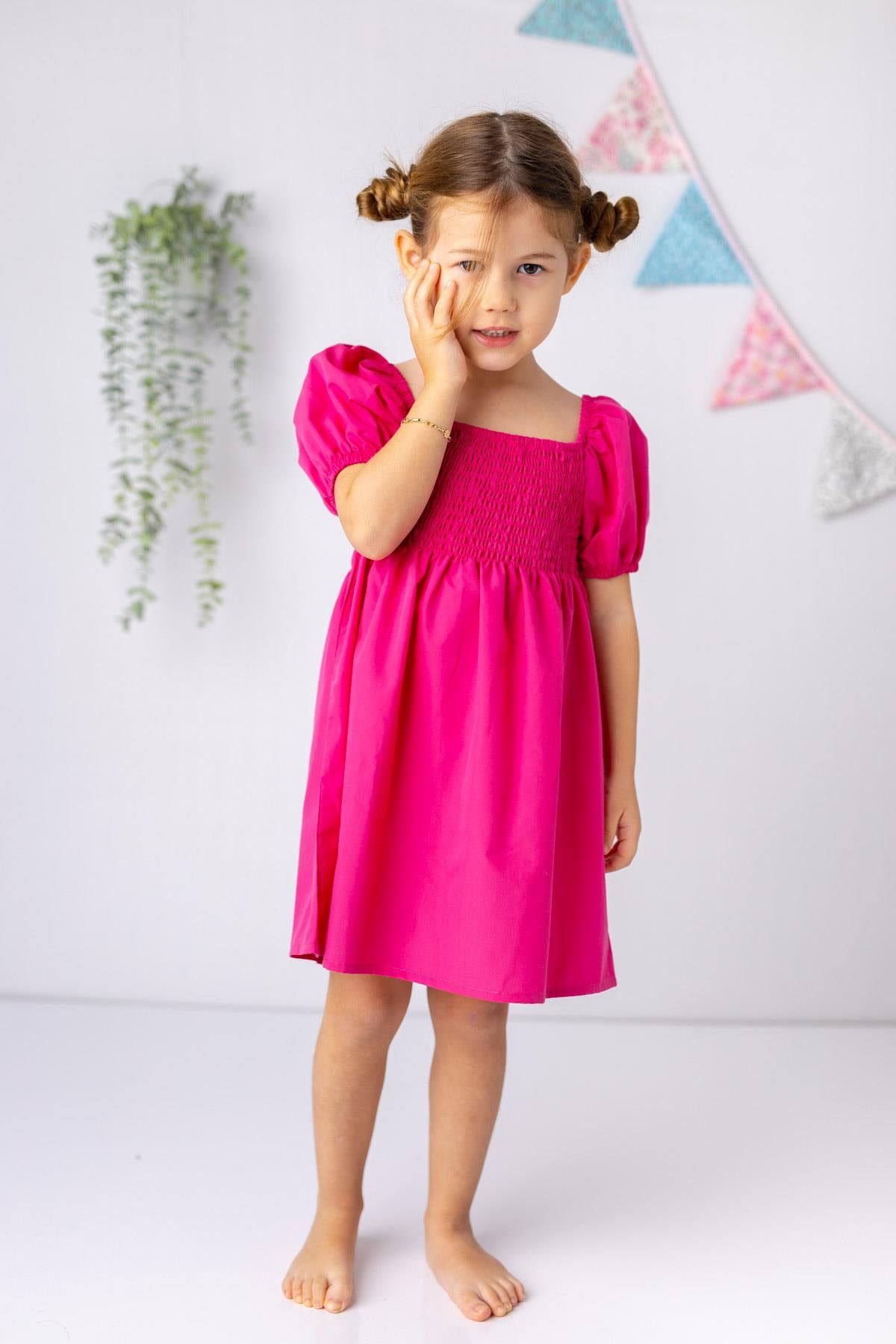 Kız Çocuk Balon Kollu Gipeli Dokuma Elbise-1