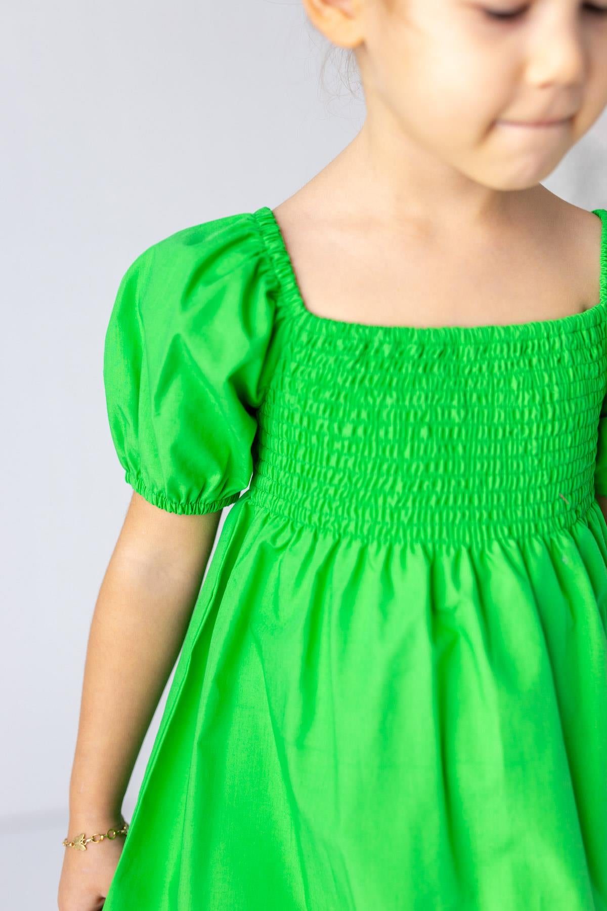 Kız Çocuk Balon Kollu Gipeli Dokuma Elbise-2