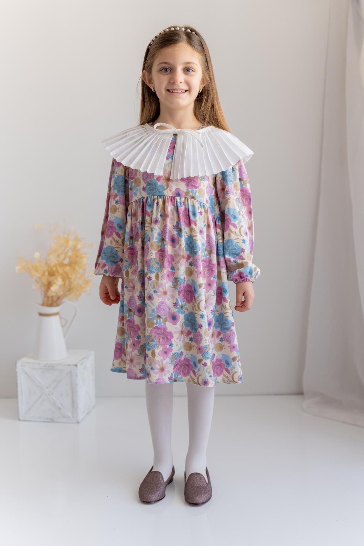 Kız Çocuk Desenli Dokuma Elbise-1