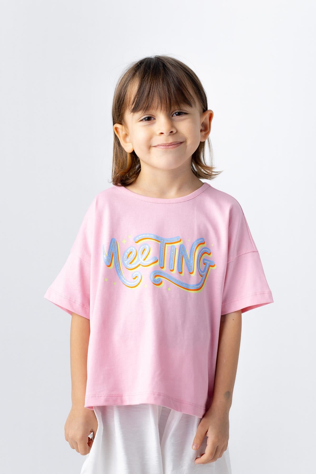 Kız Çocuk Meeting Sim Baskılı Basic T-shirt-0
