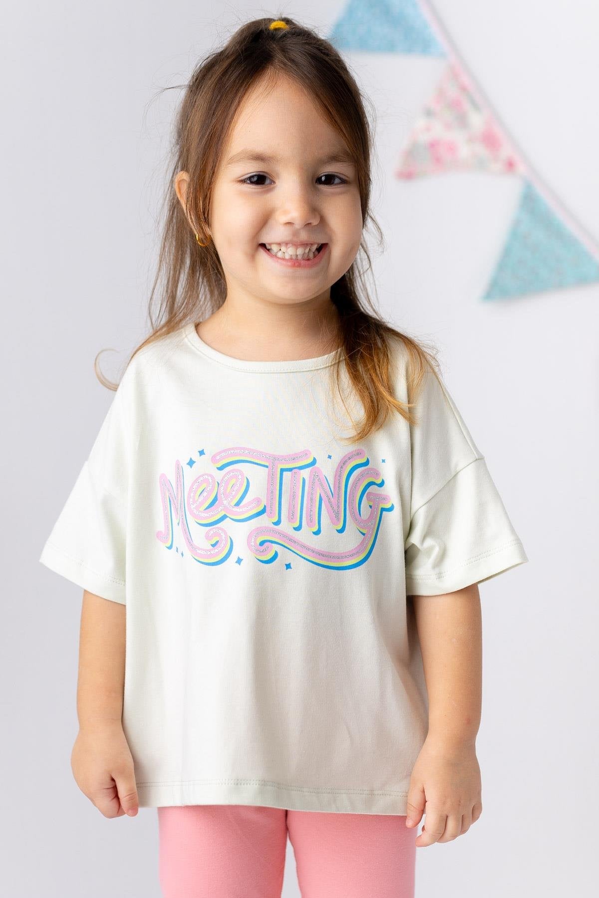 Kız Çocuk Meeting Sim Baskılı Basic T-shirt-1