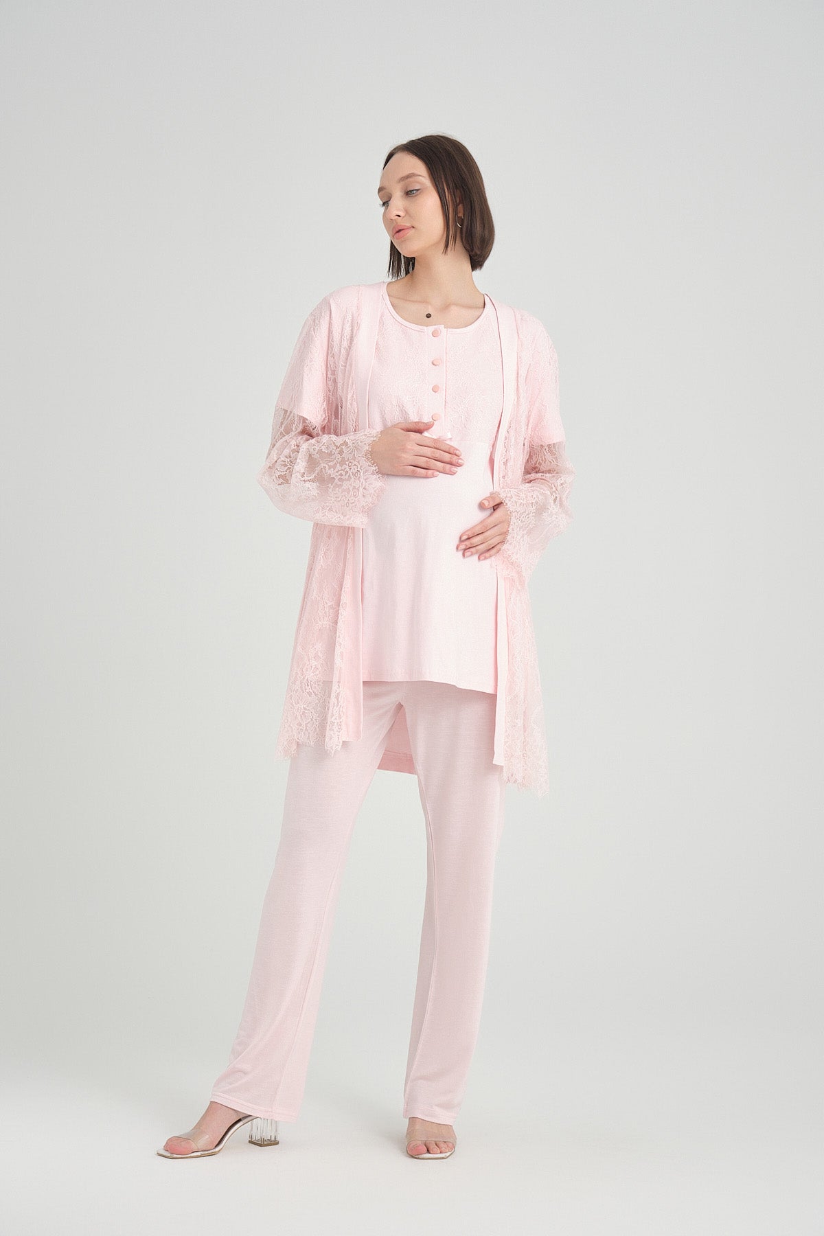 Dantel Detaylı Sabahlıklı Lohusa Pijama Takımı - 2370