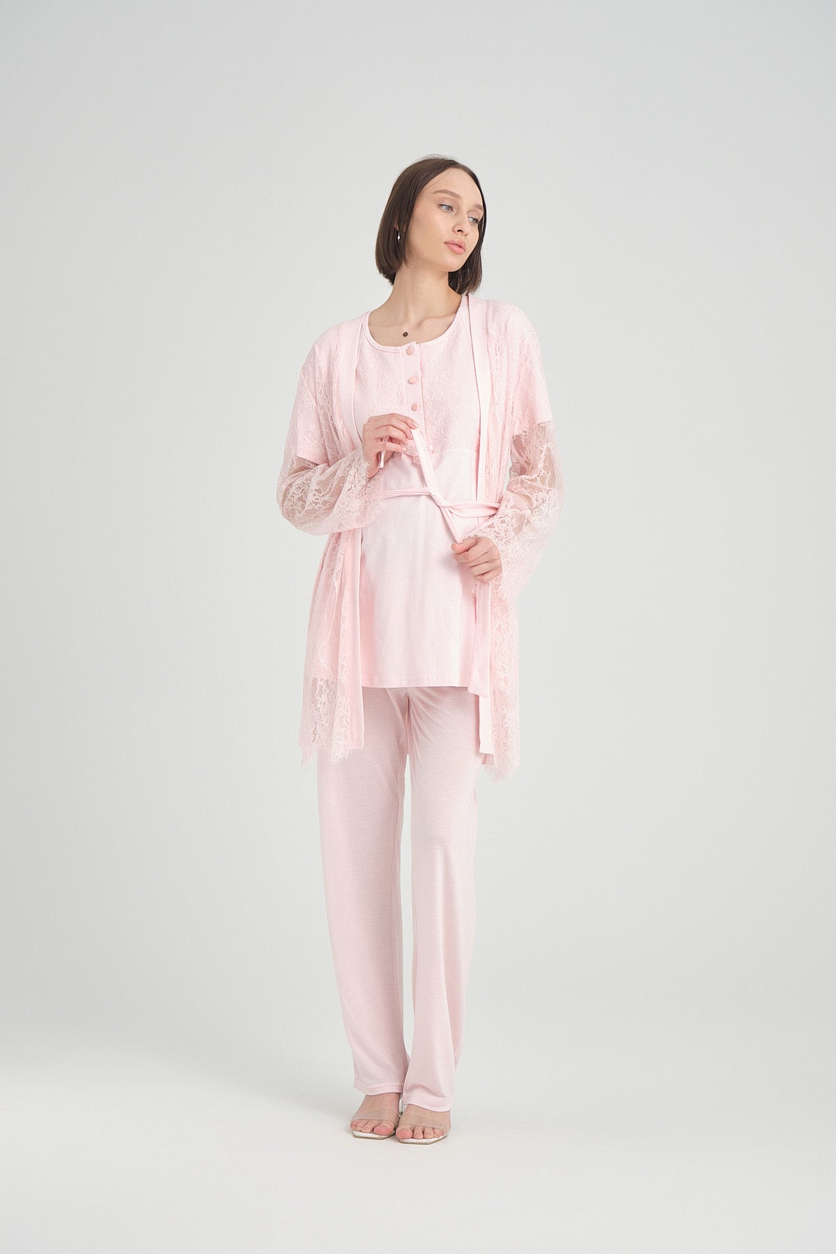 Dantel Detaylı Sabahlıklı Lohusa Pijama Takımı - 2370