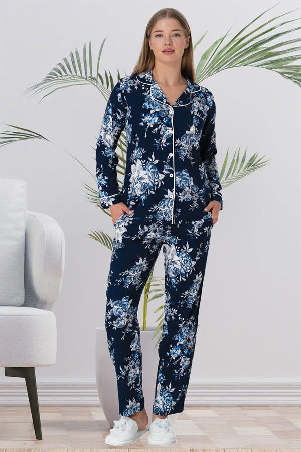 Çiçek Desenli Lacivert Boydan Düğmeli Kadın Pijama Takımı 5924
