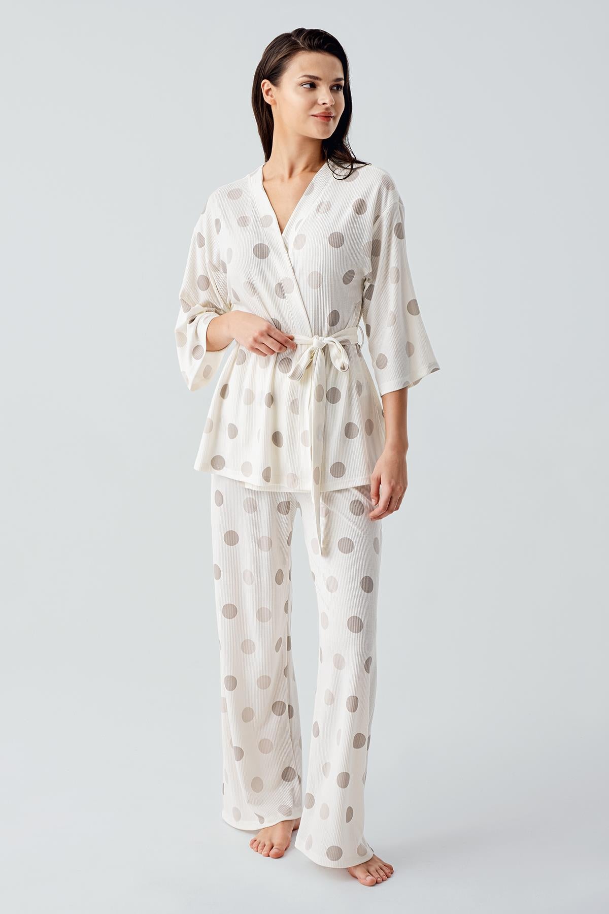 Puantiyeli Uzun Kollu Kimono Esnek Viskoz Lohusa Pijama Takım 17212