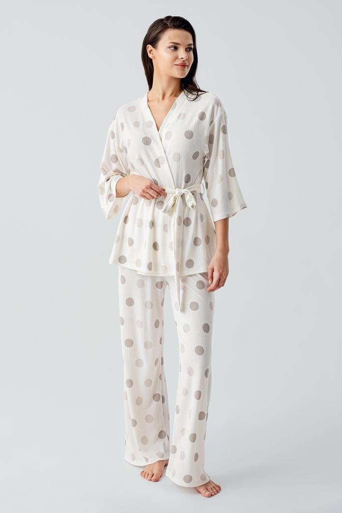 Puantiyeli Uzun Kollu Kimono Esnek Viskoz Lohusa Pijama Takım 17212