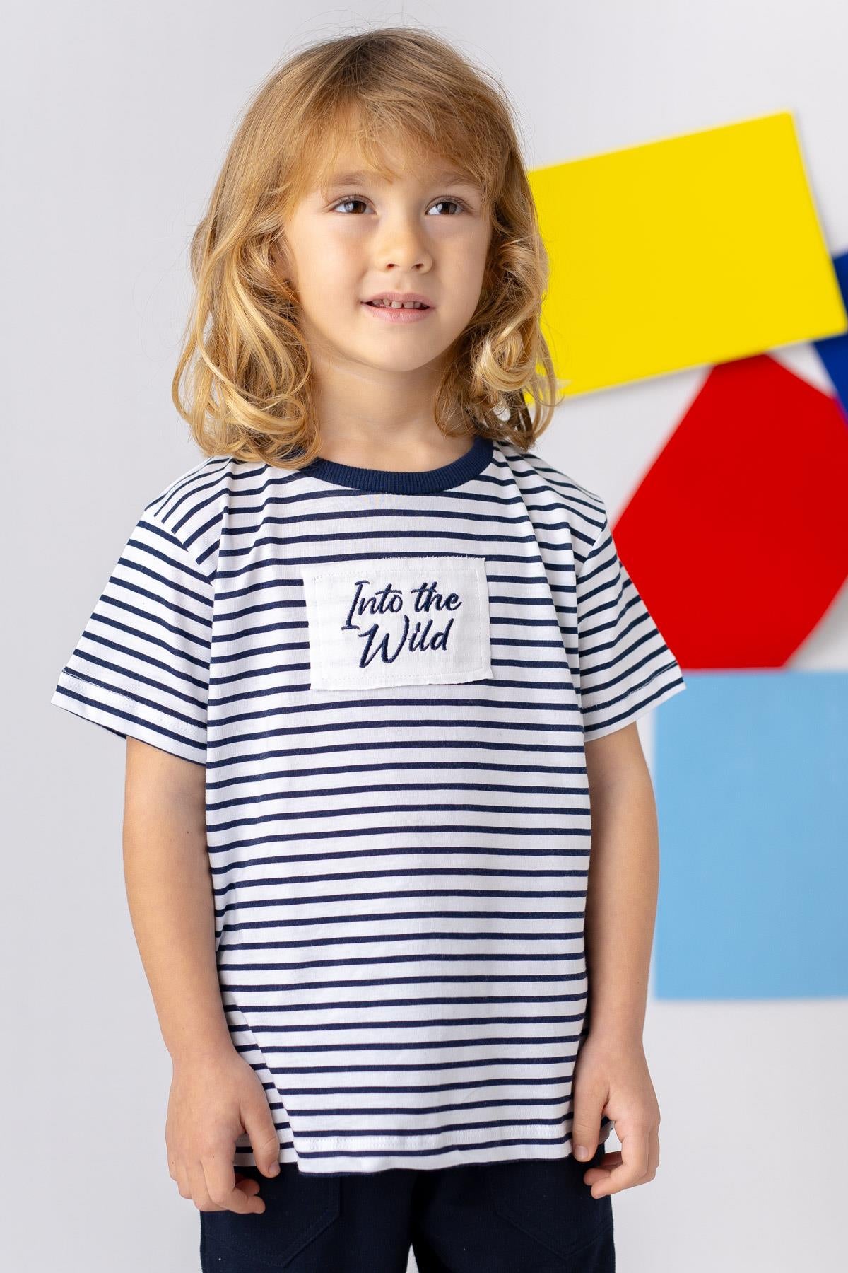 Unisex Çocuk Çizgili Nakış Detaylı T-shirt-0